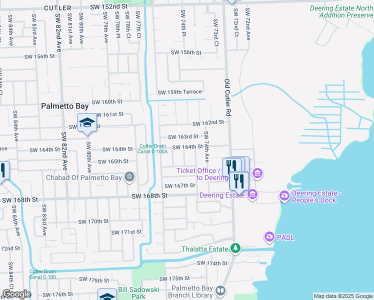 map of restaurants, bars, coffee shops, grocery stores, and more near 7460 Southwest 164th Street in Palmetto Bay