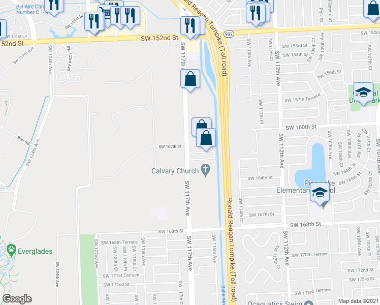 map of restaurants, bars, coffee shops, grocery stores, and more near 16201 Southwest 117th Avenue in Miami