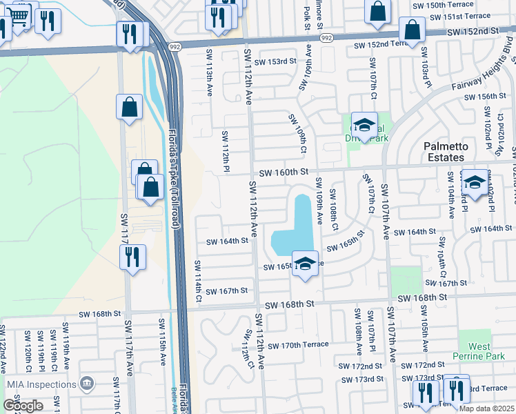 map of restaurants, bars, coffee shops, grocery stores, and more near 11051 Southwest 162nd Terrace in Miami