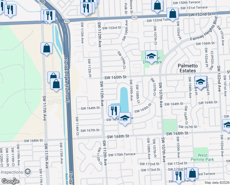 map of restaurants, bars, coffee shops, grocery stores, and more near 11011 Southwest 162nd Terrace in Miami