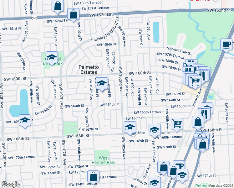 map of restaurants, bars, coffee shops, grocery stores, and more near 16221 Southwest 102nd Court in Miami