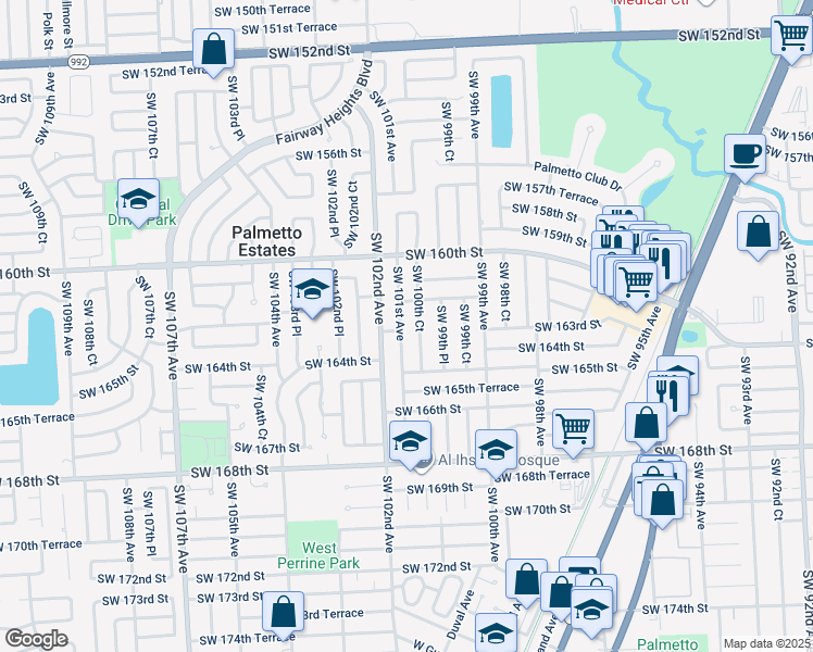 map of restaurants, bars, coffee shops, grocery stores, and more near 16231 Southwest 101st Avenue in Miami