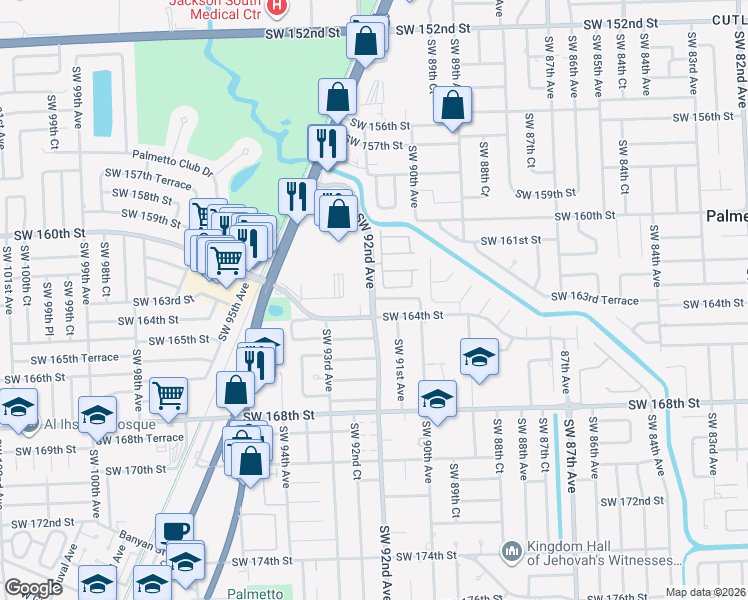 map of restaurants, bars, coffee shops, grocery stores, and more near 16350 Southwest 92nd Court in Palmetto Bay