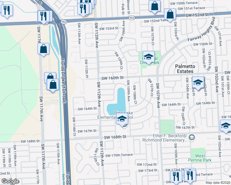 map of restaurants, bars, coffee shops, grocery stores, and more near 16205 Southwest 110th Avenue in Miami