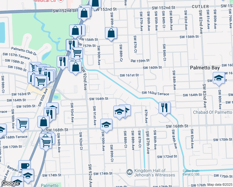 map of restaurants, bars, coffee shops, grocery stores, and more near 16325 Southwest 89th Court in Palmetto Bay