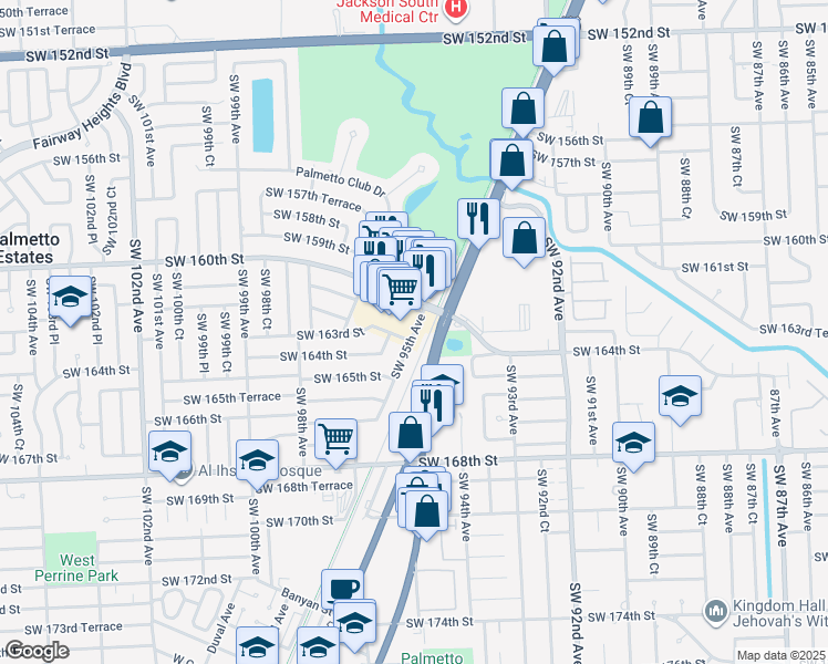 map of restaurants, bars, coffee shops, grocery stores, and more near 16288 Southwest 95th Avenue in Miami