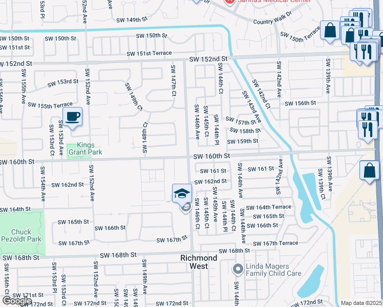 map of restaurants, bars, coffee shops, grocery stores, and more near 14667 Southwest 160th Street in Miami