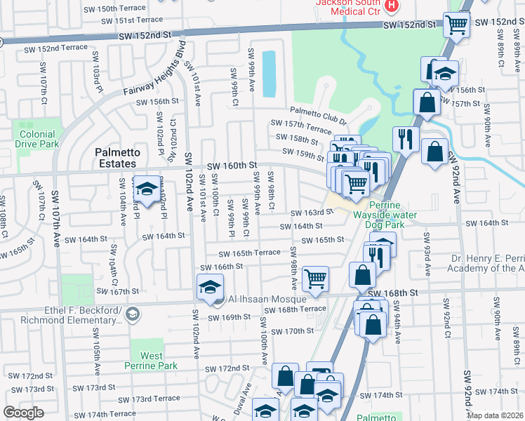 map of restaurants, bars, coffee shops, grocery stores, and more near 16225 Southwest 99th Avenue in Miami