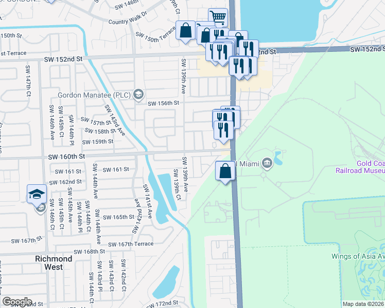 map of restaurants, bars, coffee shops, grocery stores, and more near 13867 Southwest 160th Terrace in Miami