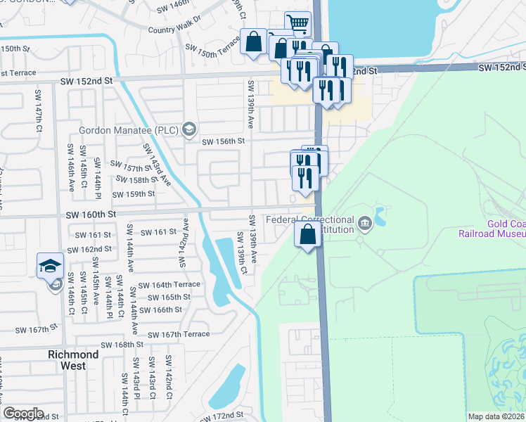 map of restaurants, bars, coffee shops, grocery stores, and more near 13867 Southwest 160th Terrace in Miami