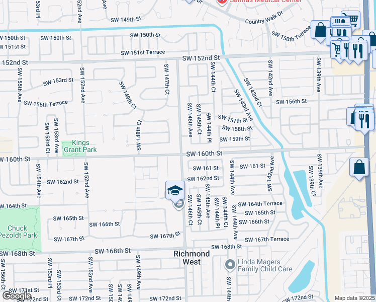 map of restaurants, bars, coffee shops, grocery stores, and more near 14667 Southwest 160th Street in Miami