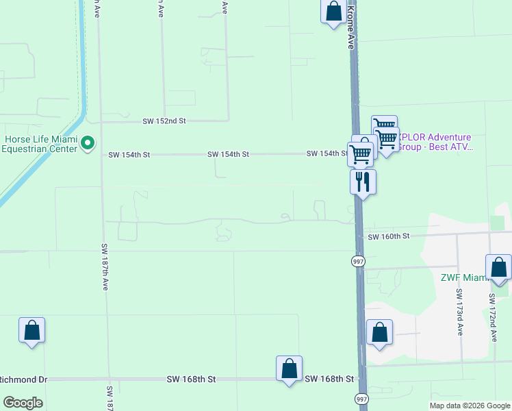 map of restaurants, bars, coffee shops, grocery stores, and more near 17995 Southwest 158th Street in Miami