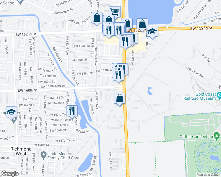 map of restaurants, bars, coffee shops, grocery stores, and more near 13765 Southwest 160th Terrace in Miami
