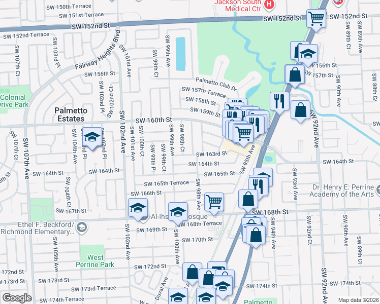 map of restaurants, bars, coffee shops, grocery stores, and more near 9805 SW 163rd St in Miami