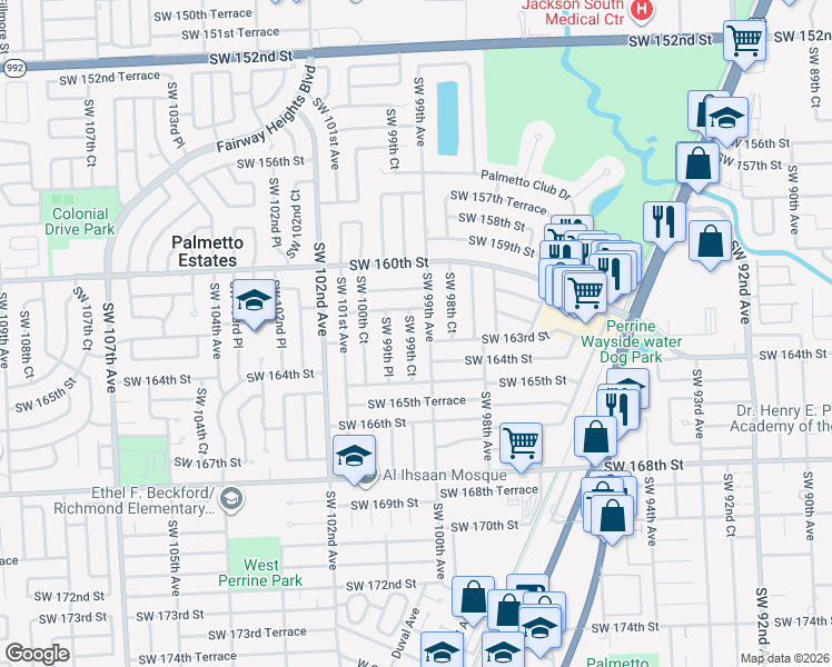 map of restaurants, bars, coffee shops, grocery stores, and more near 16225 Southwest 99th Avenue in Miami