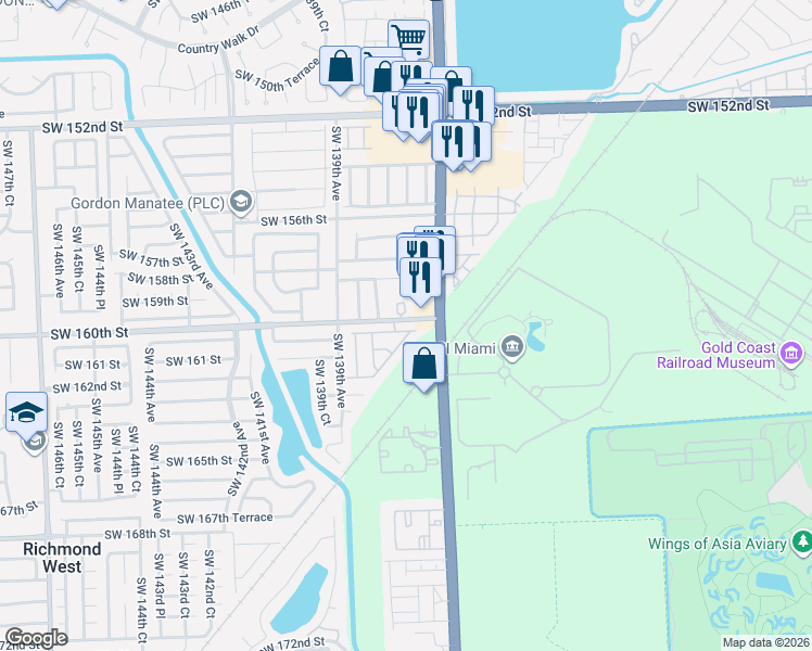 map of restaurants, bars, coffee shops, grocery stores, and more near 13765 Southwest 160th Terrace in Miami