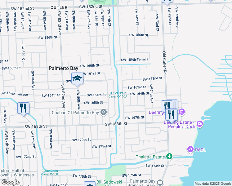 map of restaurants, bars, coffee shops, grocery stores, and more near 16389 Southwest 77th Court in Palmetto Bay