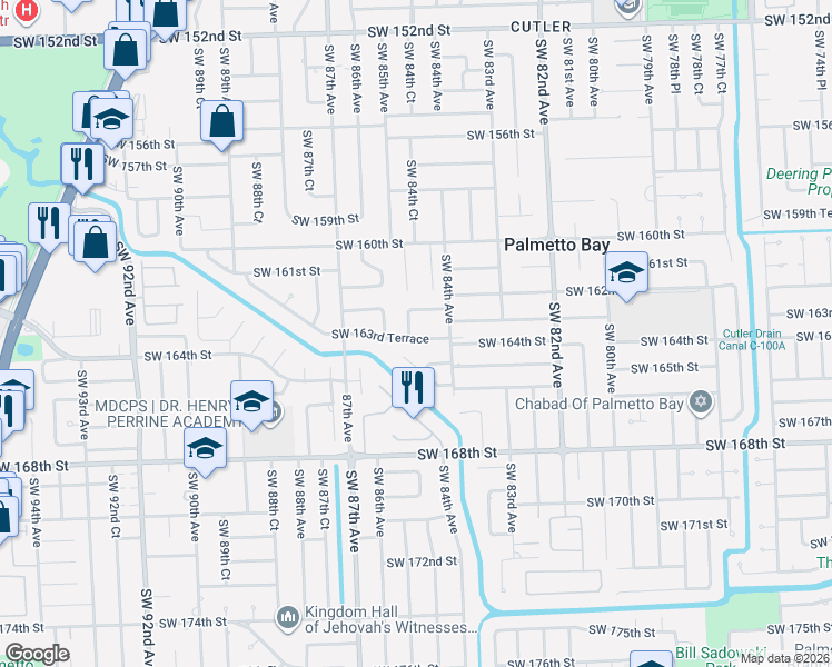 map of restaurants, bars, coffee shops, grocery stores, and more near 8412 Southwest 163rd Terrace in Palmetto Bay