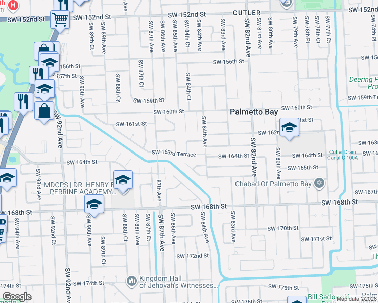 map of restaurants, bars, coffee shops, grocery stores, and more near 8540 Southwest 163rd Terrace in Palmetto Bay