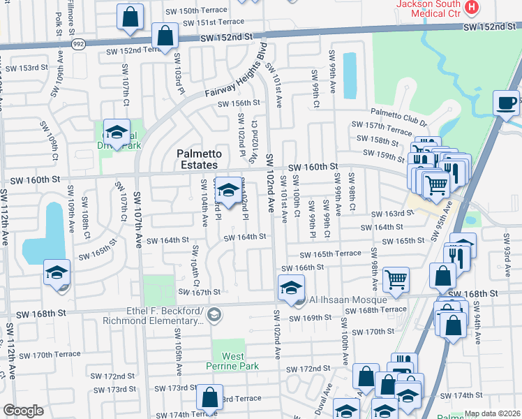 map of restaurants, bars, coffee shops, grocery stores, and more near 16221 Southwest 102nd Court in Miami
