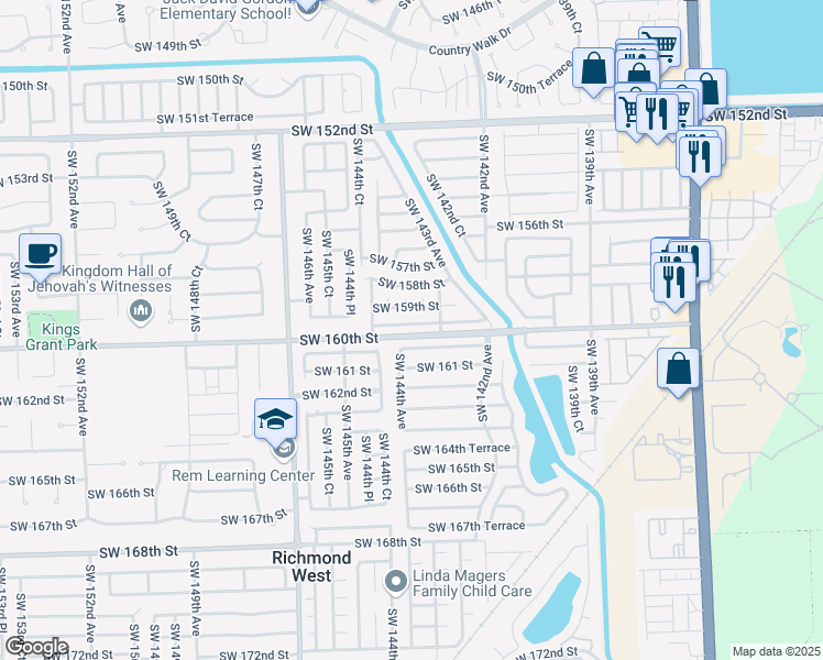 map of restaurants, bars, coffee shops, grocery stores, and more near 14364 Southwest 159th Terrace in Miami