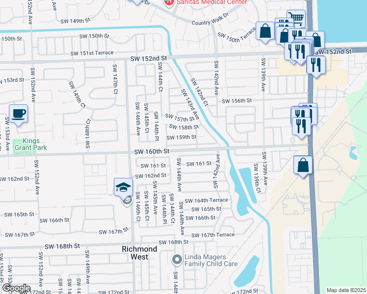 map of restaurants, bars, coffee shops, grocery stores, and more near 14364 Southwest 159th Terrace in Miami