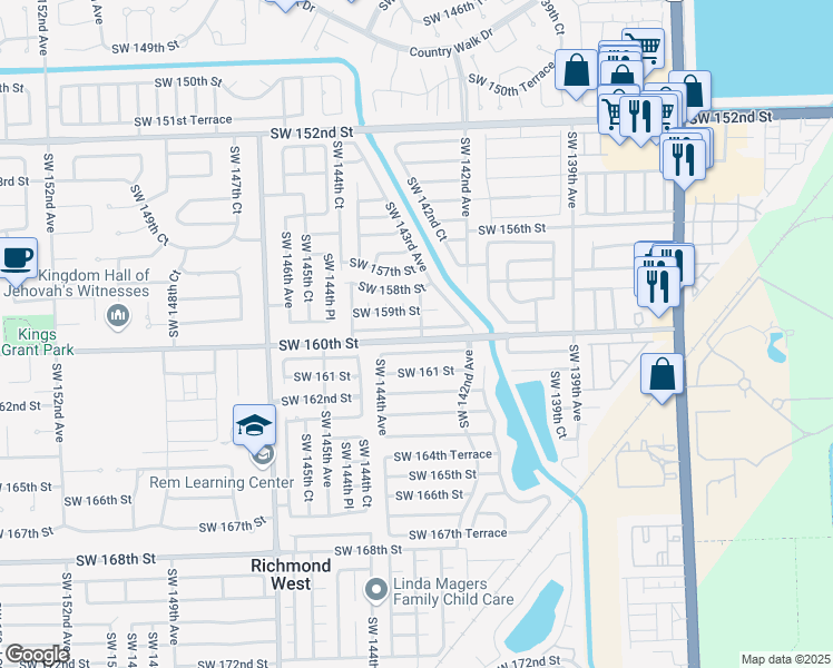 map of restaurants, bars, coffee shops, grocery stores, and more near 14334 Southwest 159th Terrace in Miami
