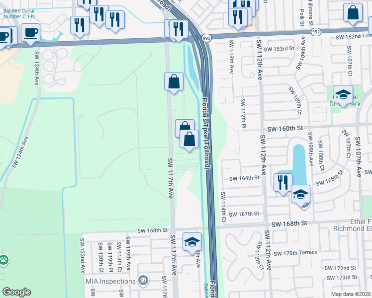 map of restaurants, bars, coffee shops, grocery stores, and more near 16225 Southwest 117th Avenue in Miami