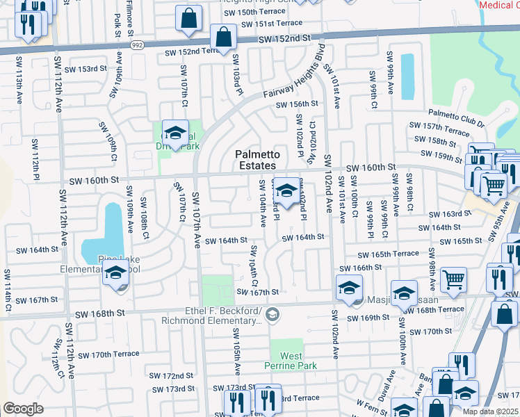 map of restaurants, bars, coffee shops, grocery stores, and more near 10315 Southwest 162nd Terrace in Miami