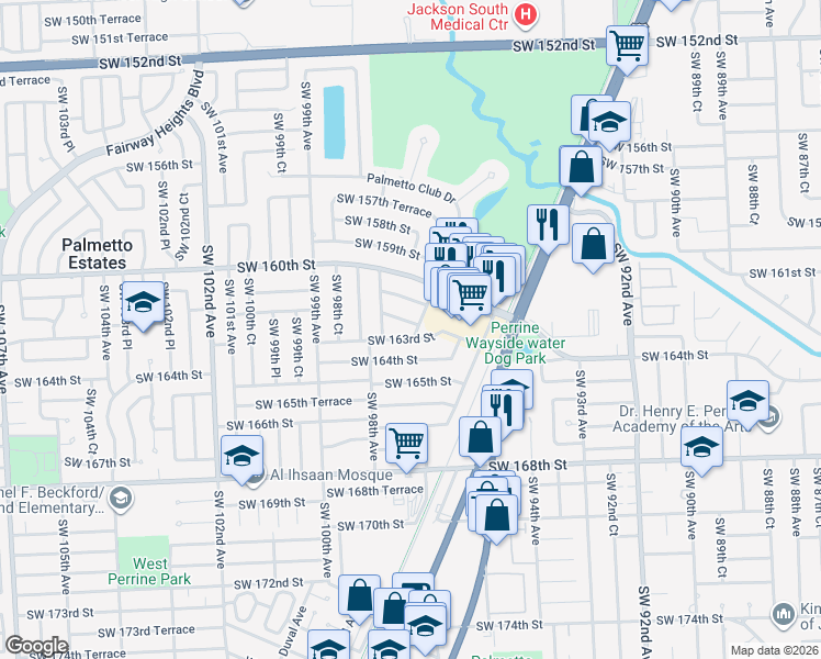 map of restaurants, bars, coffee shops, grocery stores, and more near 9725 Southwest 163rd Street in Miami