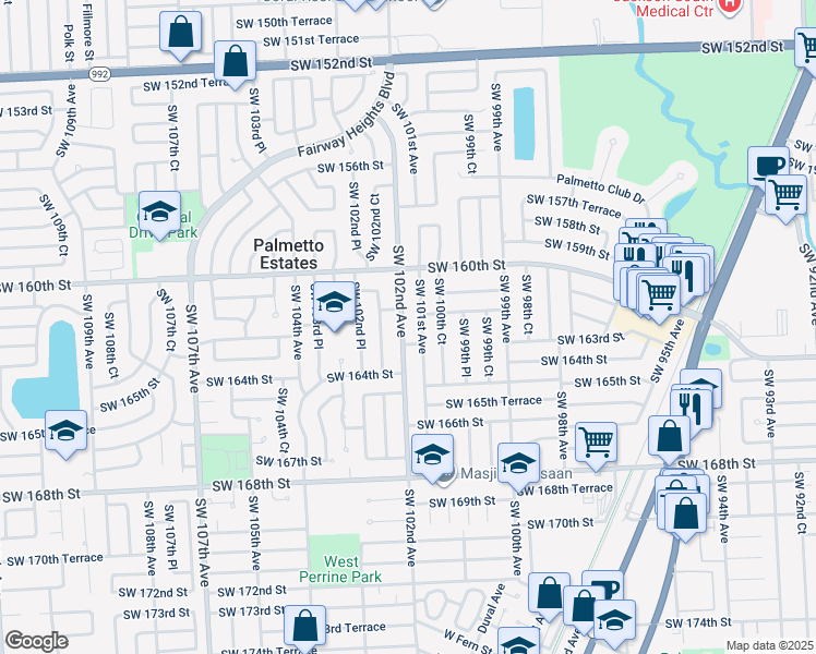 map of restaurants, bars, coffee shops, grocery stores, and more near 16221 Southwest 102nd Court in Miami