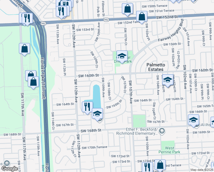 map of restaurants, bars, coffee shops, grocery stores, and more near 16220 Southwest 109th Avenue in Miami
