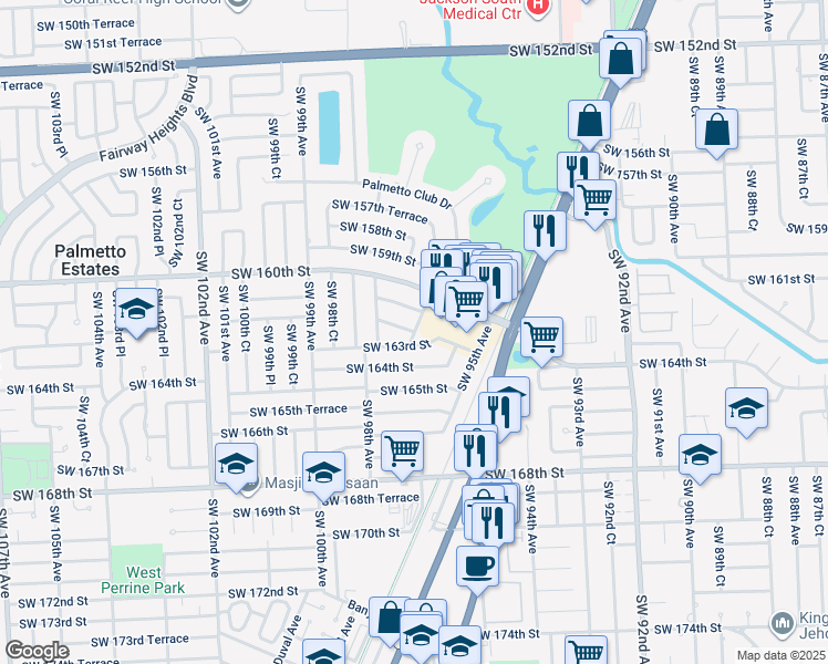 map of restaurants, bars, coffee shops, grocery stores, and more near 8120 Southwest 162nd Street in Miami