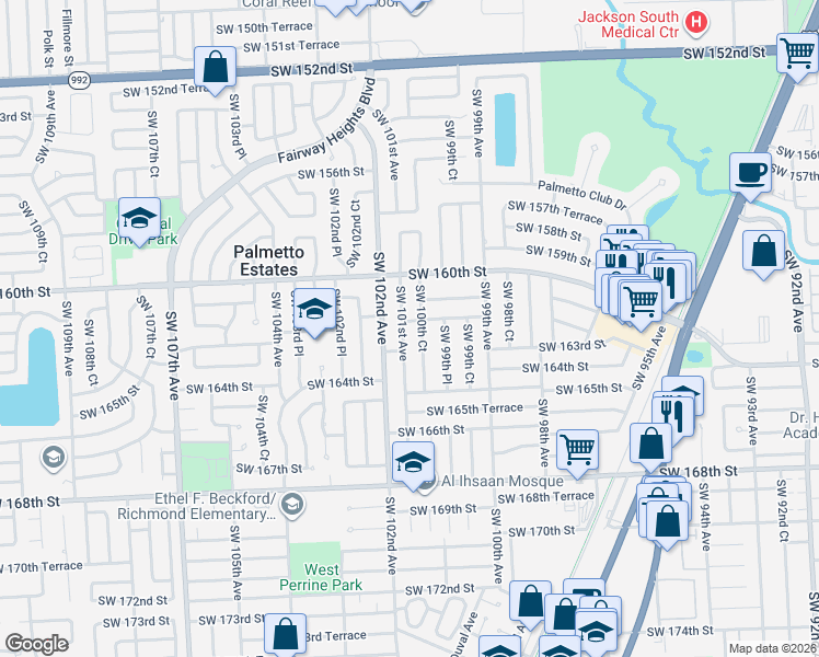 map of restaurants, bars, coffee shops, grocery stores, and more near 16231 Southwest 101st Avenue in Miami