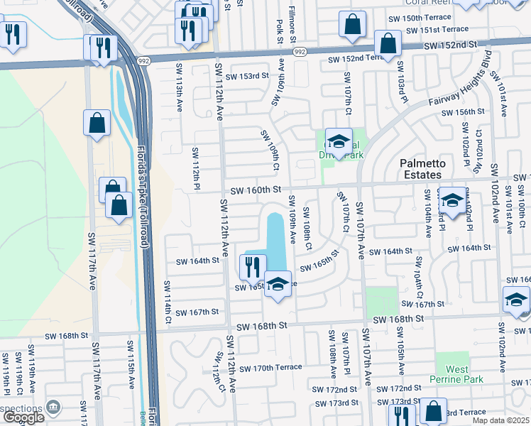 map of restaurants, bars, coffee shops, grocery stores, and more near 16205 Southwest 110th Avenue in Miami