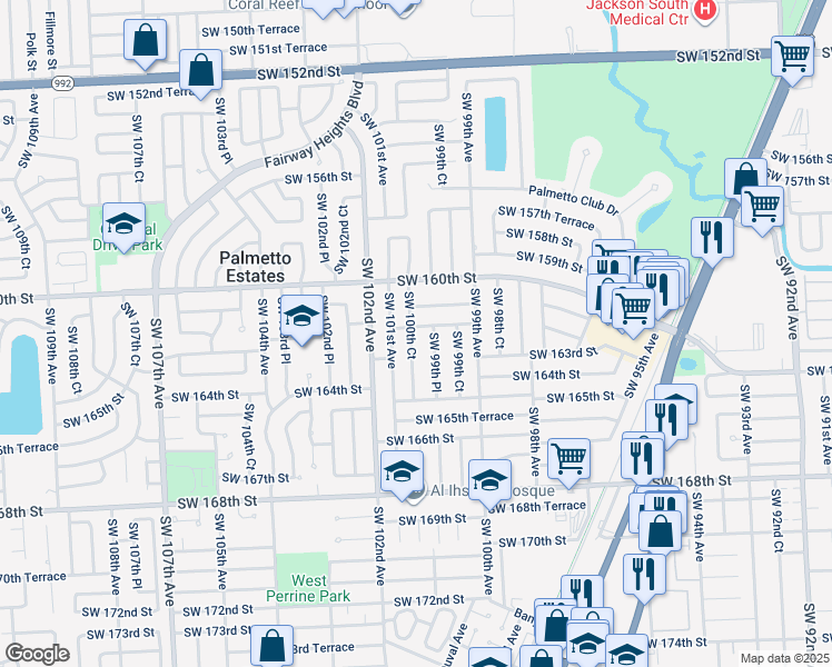 map of restaurants, bars, coffee shops, grocery stores, and more near 16231 Southwest 101st Avenue in Miami