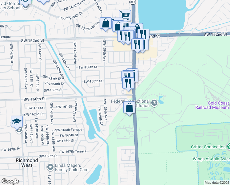 map of restaurants, bars, coffee shops, grocery stores, and more near 13765 Southwest 160th Terrace in Miami