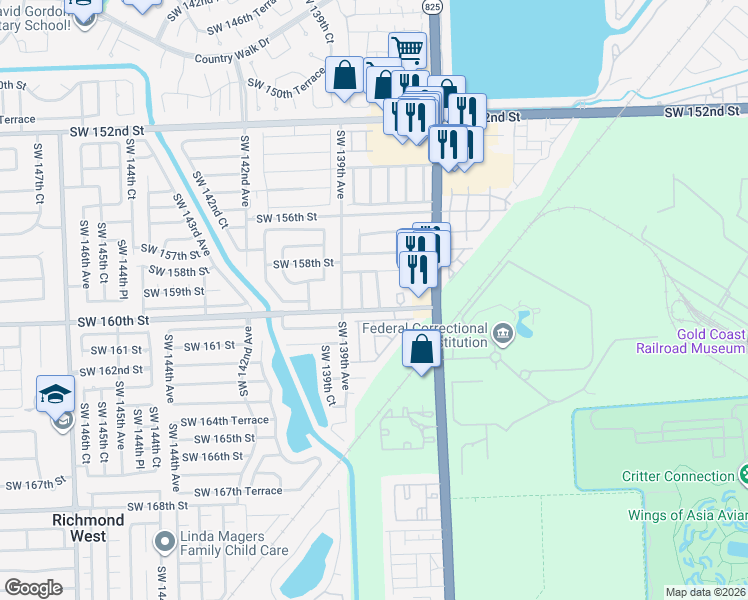 map of restaurants, bars, coffee shops, grocery stores, and more near 13765 Southwest 160th Terrace in Miami