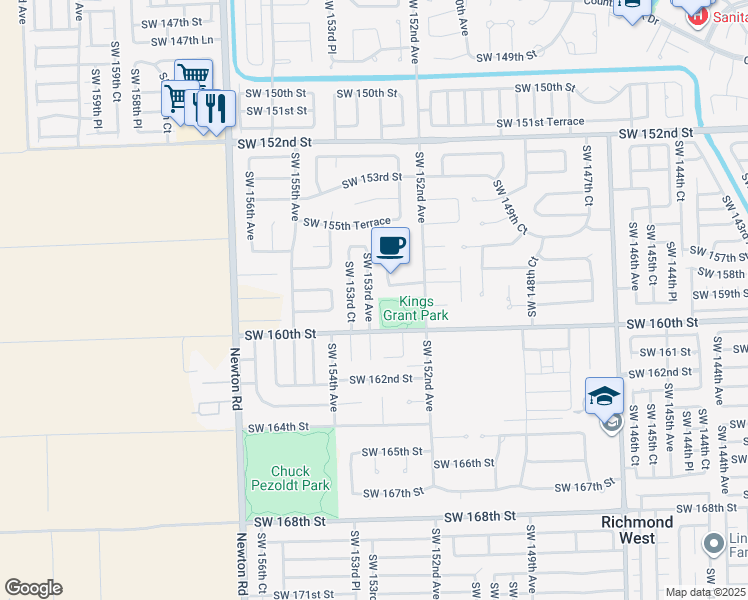 map of restaurants, bars, coffee shops, grocery stores, and more near 15760 Southwest 152nd Place in Miami