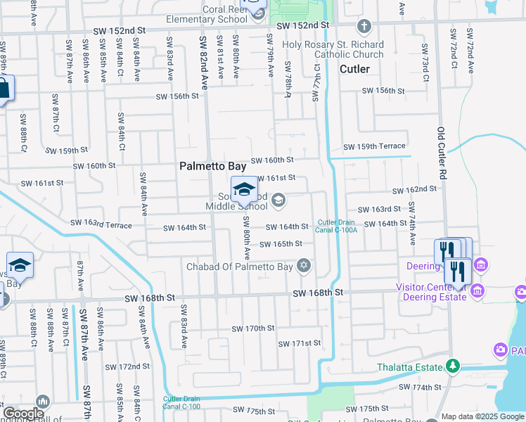 map of restaurants, bars, coffee shops, grocery stores, and more near 16301 Southwest 80th Avenue in Palmetto Bay