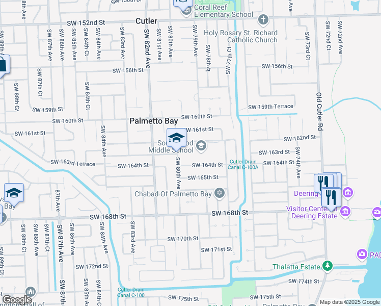 map of restaurants, bars, coffee shops, grocery stores, and more near 7975 Southwest 162nd Street in Palmetto Bay