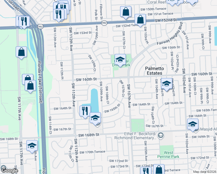 map of restaurants, bars, coffee shops, grocery stores, and more near 16030 Southwest 108th Avenue in Miami