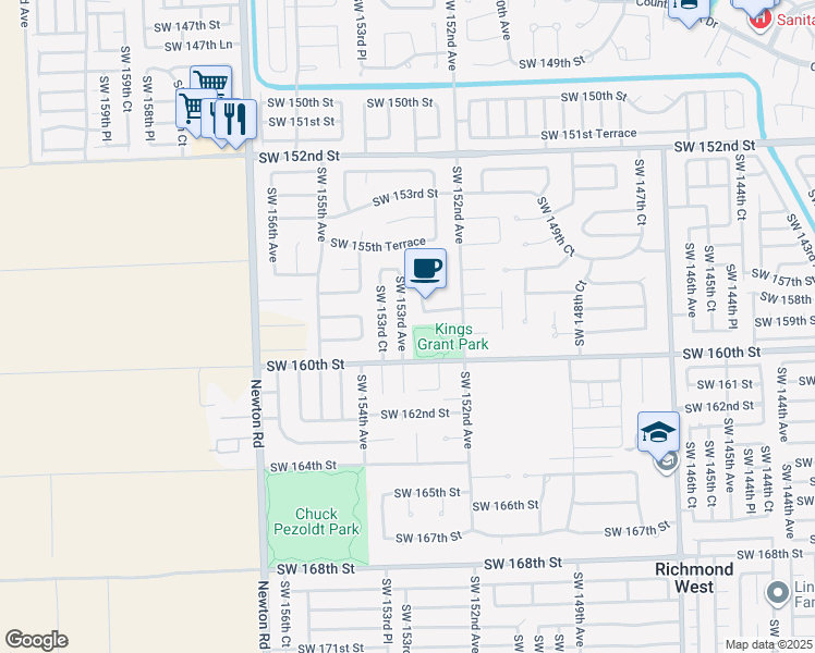 map of restaurants, bars, coffee shops, grocery stores, and more near 15760 Southwest 152nd Place in Miami