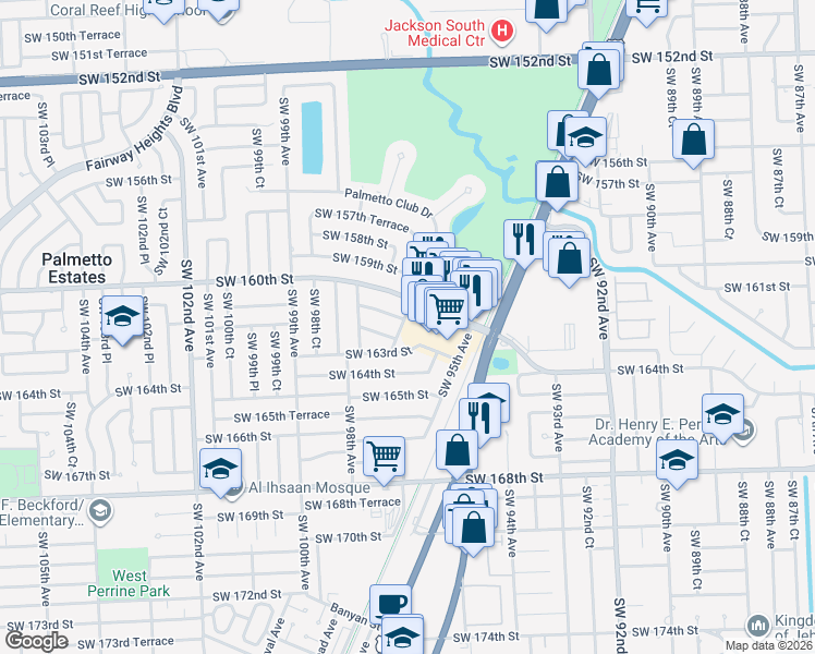map of restaurants, bars, coffee shops, grocery stores, and more near 9701 Southwest 161st Street in Miami