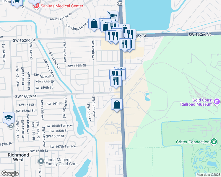 map of restaurants, bars, coffee shops, grocery stores, and more near 13802 Southwest 158th Terrace in Miami