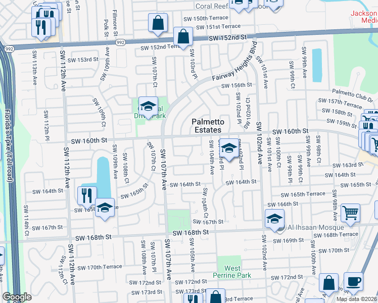 map of restaurants, bars, coffee shops, grocery stores, and more near 10531 Southwest 161st Street in Miami