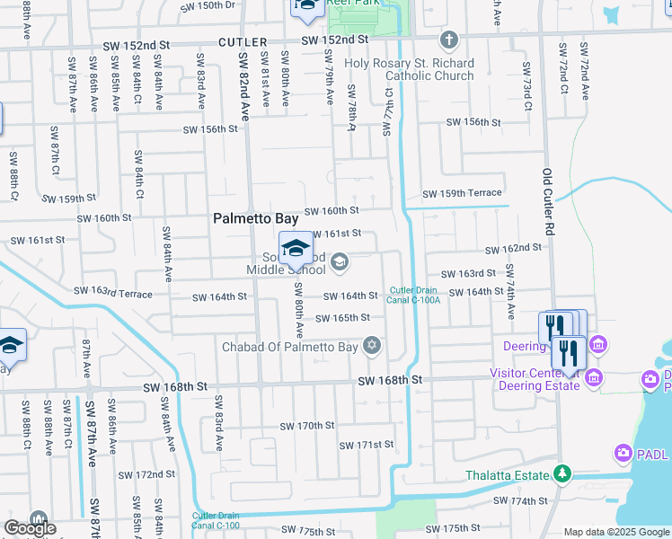 map of restaurants, bars, coffee shops, grocery stores, and more near 16301 Southwest 80th Avenue in Palmetto Bay