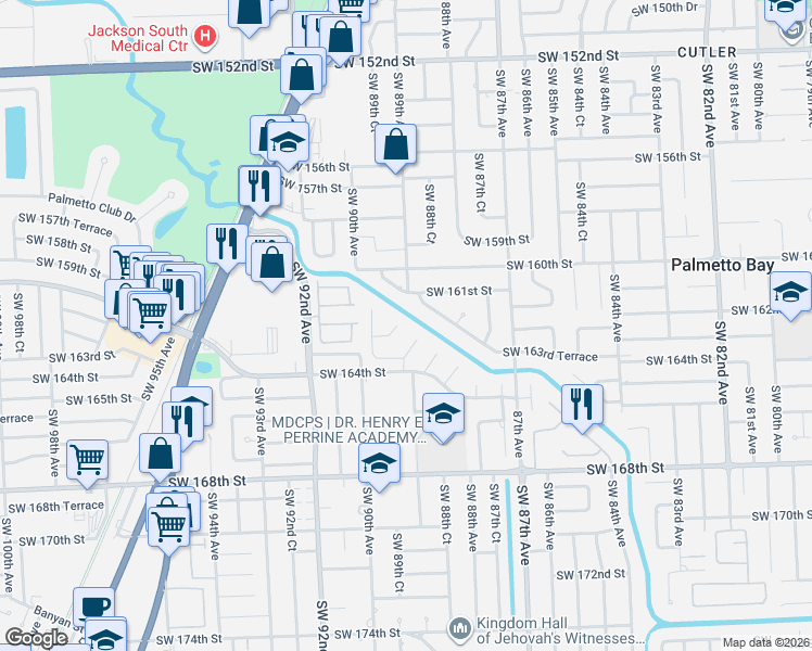 map of restaurants, bars, coffee shops, grocery stores, and more near 16120 Southwest 88th Avenue Road in Palmetto Bay