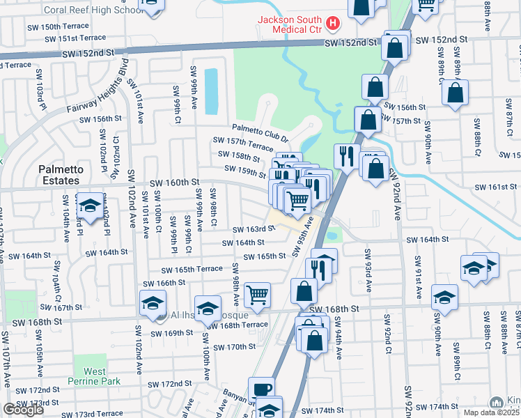 map of restaurants, bars, coffee shops, grocery stores, and more near 9701 Southwest 161st Street in Miami
