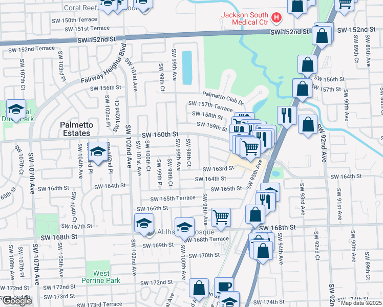 map of restaurants, bars, coffee shops, grocery stores, and more near 16112 Southwest 98th Avenue in Miami